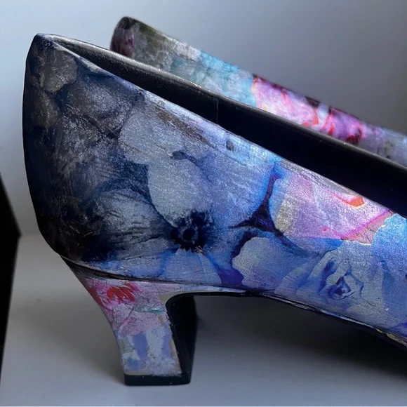 Unique custom foil pastel floral leather block heels size 8.5